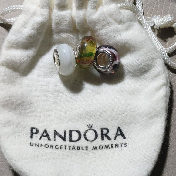 Pandora Sterling Silver Murano Art Glass Charm Beads Set of 3 White Purple Green - Picture 1 of 11